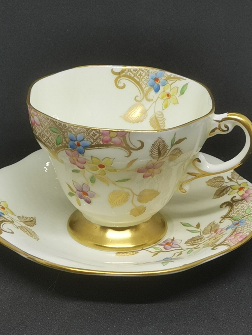 EB Foley Bone China Tea Cup and Saucer with Gold Trim - White Floral Accent
